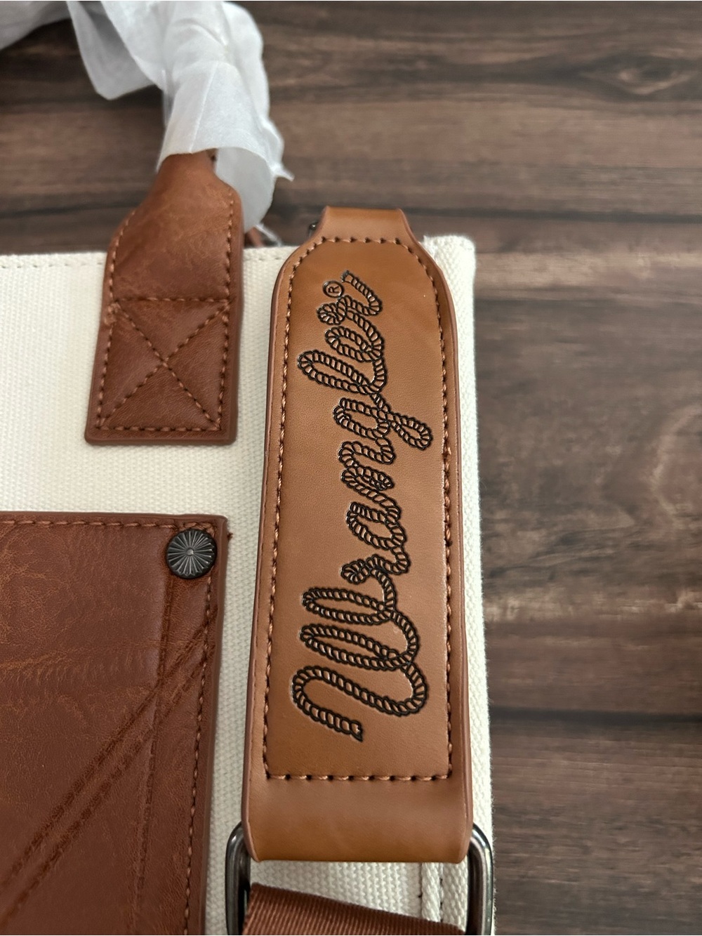 Montana West Wrangler Cream Canvas Tote with Brown Leather Accents - Picture 5 of 5